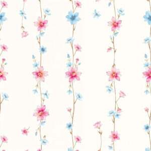Delicate Pink and Blue Blossom Vine Seamless Pattern with Vertical Floral Stripes