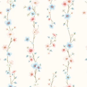 Delicate Pink and Blue Blossom Vine Seamless Pattern with Vertical Floral Stripes