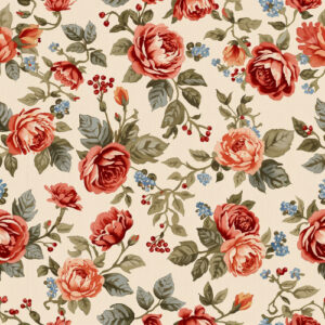 Vintage Red Rose Garden Seamless Pattern with Botanical Leaves and Berries