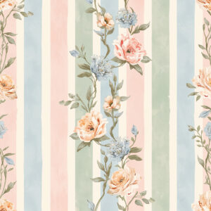 Vintage Pastel Floral Stripe Seamless Pattern with Garden Rose Vines