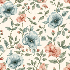 Vintage Blue and Peach Garden Flower Seamless Pattern with Botanical Leaves
