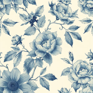 Classic Blue Toile Floral Seamless Pattern with Vintage Botanical Flowers