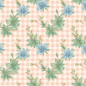 Vintage Blue Floral and Green Leaves Seamless Pattern with Peach Gingham Background