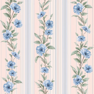 Vintage Blue Floral Vine Stripe Seamless Pattern with Botanical Roses