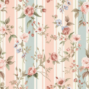 Vintage Rose Vine Stripe Seamless Pattern with Pastel Garden Flowers