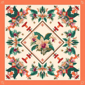 Ornamental Tropical Floral Scarf Seamless Pattern with Birds and Botanical Motifs