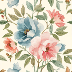 Elegant Peach and Blue Garden Blossom Seamless Pattern with Botanical Leaves