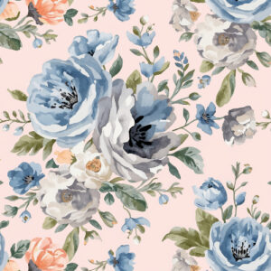 Romantic Blue and Blush Peony Seamless Floral Pattern with Botanical Leaves