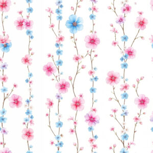 Delicate Pink and Blue Blossom Vine Stripe Seamless Floral Pattern