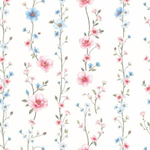 Romantic Pink and Blue Floral Vine Stripe Seamless Botanical Pattern