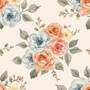 Vintage Peach and Blue Rose Bouquet Seamless Floral Pattern