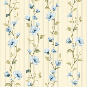 Elegant Blue Floral Vine Stripe Seamless Pattern with Vintage Botanical Blossoms