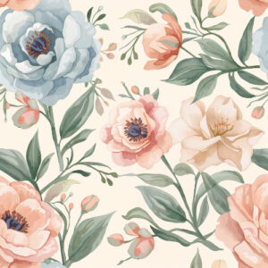 Vintage Peach and Blue Garden Flower Seamless Pattern with Botanical Leaves