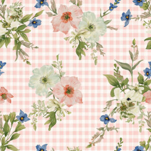 Vintage Floral Bouquet Seamless Pattern on Pink Gingham Background