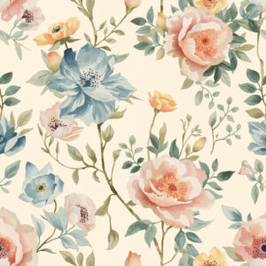 Vintage Peach and Blue Botanical Flower Seamless Pattern