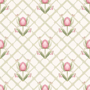 Elegant Pink Tulip Lattice Seamless Pattern with Botanical Floral Motifs