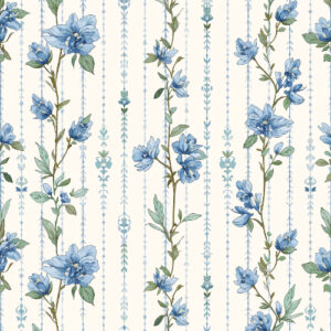 Elegant Blue Floral Botanical Stripe Seamless Pattern Design