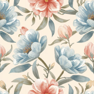 Soft Blue and Coral Peony Floral Seamless Pattern Design