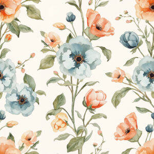 Vintage Blue and Peach Botanical Floral Seamless Pattern Design