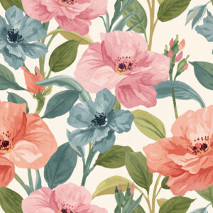 Vintage Coral and Blue Garden Floral Seamless Pattern Design