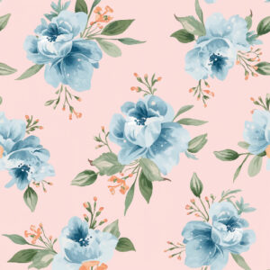 Blue Floral Bouquet on Blush Pink Seamless Pattern Design