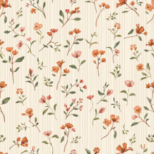 Rust and Peach Wildflower Botanical Seamless Pattern with Soft Stripe Texture