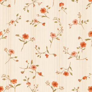 Rust Orange Wildflower Botanical Seamless Pattern with Vintage Stripe Texture