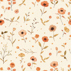 Rust Orange Poppy Wildflower Botanical Seamless Pattern with Vintage Stripes