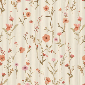 Vintage Peach and Coral Wildflower Botanical Seamless Pattern with Vertical Stripe Texture