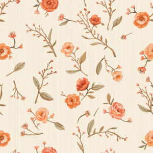 Rust Orange Rose Wildflower Botanical Seamless Pattern with Vintage Stripes