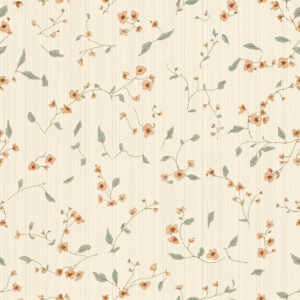 Delicate Peach Wildflower Botanical Seamless Pattern with Sage Leaves and Vintage Stripes