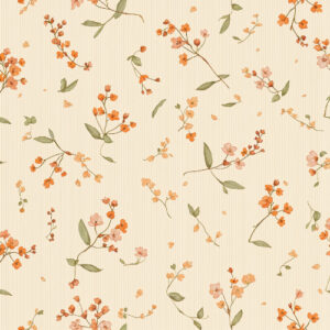 Rust Orange Wildflower Botanical Seamless Pattern with Sage Leaves and Vintage Stripes