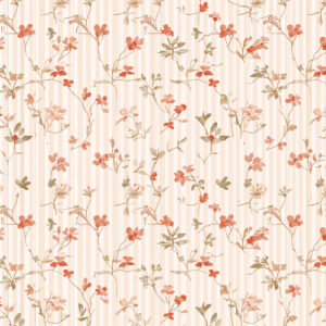 Coral Wildflower Vertical Botanical Seamless Pattern with Vintage Stripe Background