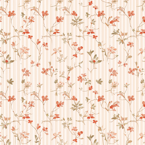 Coral Wildflower Vertical Botanical Seamless Pattern with Vintage Stripe Background