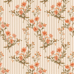 Coral Wildflower Botanical Seamless Pattern with Vintage Vertical Stripes