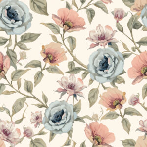 Vintage Blue Rose and Peach Floral Botanical Seamless Pattern