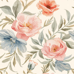 Elegant Peach and Blue Peony Botanical Seamless Pattern Design