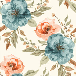 Watercolor Blue and Coral Peony Floral Seamless Pattern Design