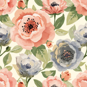 Elegant Coral and Blue Peony Floral Seamless Pattern Design