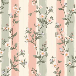 Delicate Wildflower Botanical Seamless Pattern with Soft Pastel Stripes