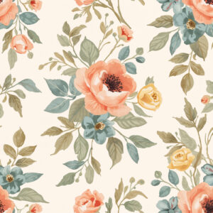 Elegant Peach Garden Rose Seamless Pattern with Vintage Botanical Leaves
