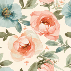 Soft Watercolor Peony Floral Seamless Pattern with Peach and Blue Blossoms