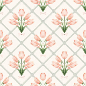 Elegant Peach Tulip Bouquet Seamless Pattern with Vintage Lattice Design