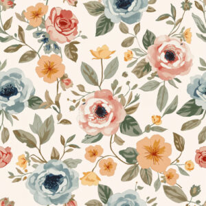Vintage Garden Floral Seamless Pattern with Peach, Blue, and Yellow Blossoms