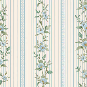 Elegant Blue Floral Vine Seamless Pattern with Vintage Vertical Stripes