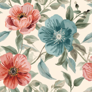 Vintage Coral and Teal Floral Seamless Pattern with Botanical Leaves
