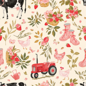 Charming Farm Life Seamless Pattern with Strawberries, Chickens, and Garden Elements
