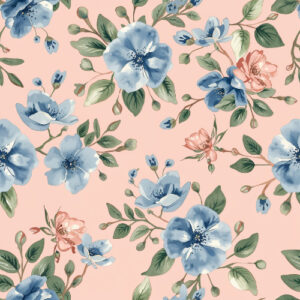 Elegant Blue Blossom Seamless Floral Pattern with Soft Peach Botanical Design