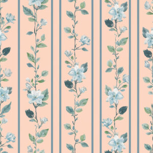Elegant Blue Floral Vine Seamless Pattern with Peach Vintage Stripes