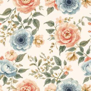 Vintage Garden Rose Seamless Floral Pattern with Soft Blue and Peach Blossoms
